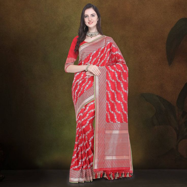 Category - Pure Katan Silk Banarasi Saree. Khinkhwab brings you an exclusive Katan range that is sure to make you fall in love with.This elegant traditional red katan handloom Kadua saree with Leheriya (waves) work all over is just the right pick to make a stunning statement. The silver and gold zari weaving (Sona Rupa work) done all over to make leheriya design makes it a stunning, elegant and regal saree. Fabric - Pure Banarasi Katan Silk. Katan is a thread, prepared by twisting a different nu Traditional Red Pre-draped Saree With Zari Weaving, Designer Red Paithani Silk Pre-draped Saree, Red Chanderi Pre-draped Saree With Zari Weaving, Traditional Red Slub Silk Pre-draped Saree, Designer Red Paithani Silk Traditional Wear, Red Handloom Saree For Navratri, Red Handloom Art Silk Traditional Wear, Red Handloom Saree For Eid, Red Semi-stitched Handloom Pre-draped Saree