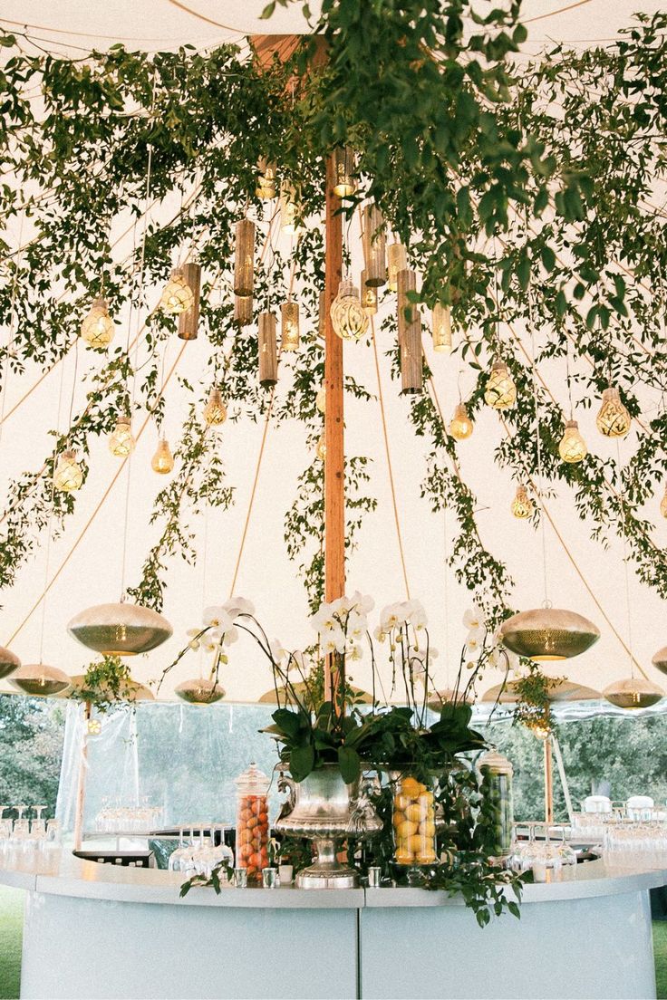 an outdoor bar with hanging lights and greenery on the ceiling, under a tent