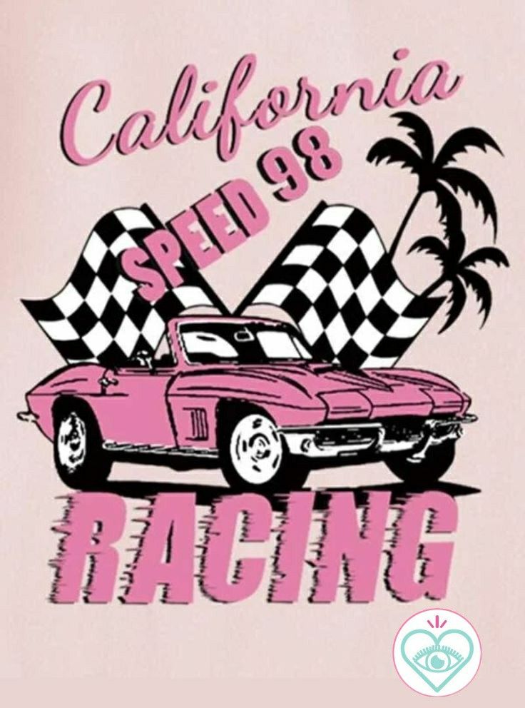 a pink car with checkered flag and palm trees in the background that says california speed racing