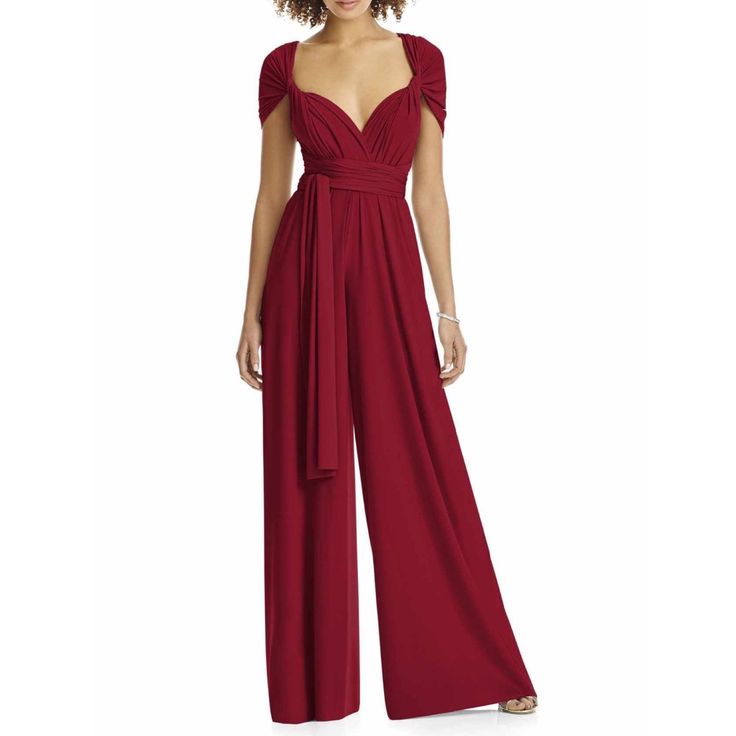 Dessy Group Convertible Wide Leg Jumpsuit. Dark Red, Wine Color. I Think The Nordstrom Color Is Claret. Tie Neckline That Can Be Worn As Halter, Straps, Etc. Spring, Summer, Vacation, Beach, Cruise, Casual, Fall, Winter, Wedding, Bridal Shower, Bachelorette, Bridesmaid, Maid Of Honor. Measurements: 12” Waist, 33.5” Inseam Material: 92% Polyester, 8% Spandex Condition: Nwt. No Flaws. Red Halter Jumpsuit, Multiway Bridesmaid Dress, Bridesmaids Jumpsuits, Jumpsuit For Wedding Guest, Dessy Collection, Tokyo Street Fashion, Elie Saab Couture, Evening Jumpsuit, Jersey Jumpsuit