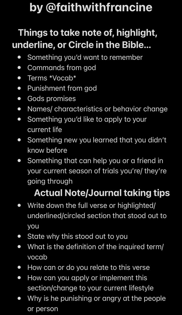 a black and white poster with the words,'things to take note of, highlight, underline, or circle in the bible