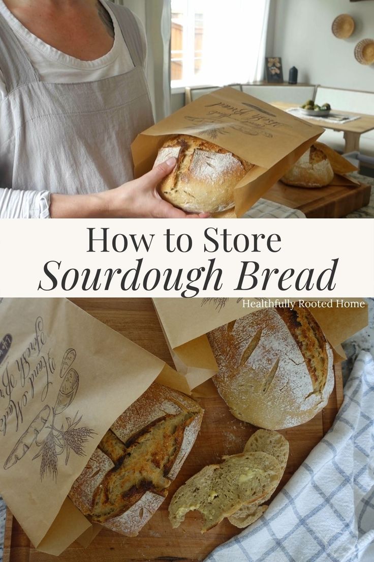 a woman holding a loaf of sourdough bread in her hands with the words how to store sourdough bread on it