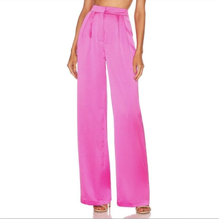 Brand New; Sold Out Fuchsia Pink Color Viscose Blend Imported Dry Clean Recommended Zip Fly With Hook And Bar Closure Side Slant Pockets And Faux Back Pockets Satin Fabric With Pleated Front Detail Flowy Silhouette 24" At The Knee Narrows To 23" At The Leg Opening Manufacturer Style No. Rc2245 Pink High-waisted Evening Pants, Evening High-waisted Pink Pants, Pink High Waist Bottoms For Evening, High Waist Pink Bottoms For Evening, High Waist Pink Evening Bottoms, Pink Evening Bottoms For Summer, Elegant Pink Wide Leg Pants For Night Out, Pink Summer Evening Bottoms, Pink Fitted Wide Leg Pants For Evening