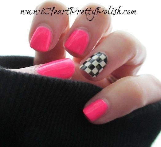 Hot Pink Manicure, Nascar Nails, Racing Nails, Essie Pink, Pink Essie, Pink Parka, Pink Wednesday, Checkered Nails, Flag Nails