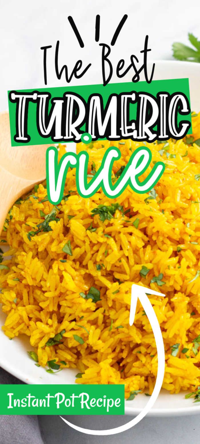 yellow rice in a white bowl with the words, the best turmeric rice