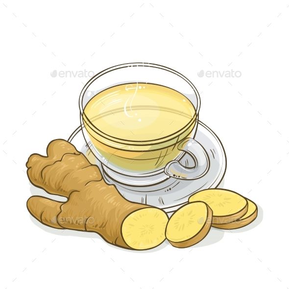 ginger tea and sliced ginger on a white background - food objects illustrations, clip art