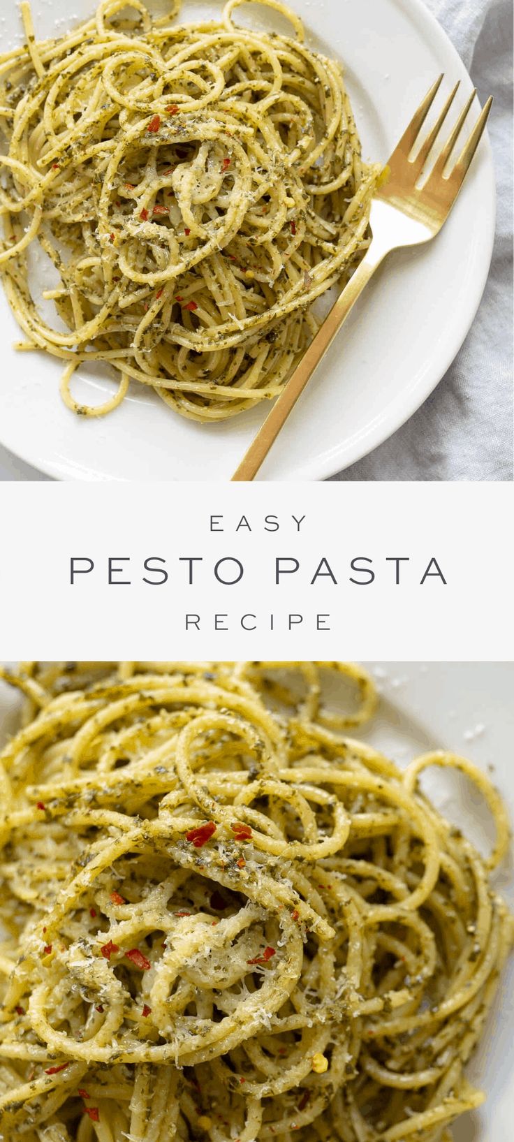 pasta with pesto sauce is shown on a plate and in the middle, there are two