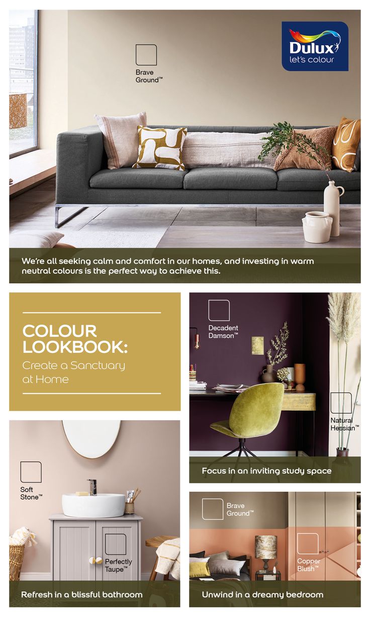 Colour Lookbook Sanctuary Home Dulux Warm Neutrals, Dulux Paint Colours Neutral, Dulux Paint Colours, Warm Paint Colors, Warm Color Schemes, Dulux Paint, House Paint Interior, Accent Wall Bedroom, Colour Combos