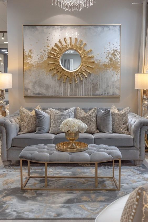 a living room filled with furniture and a chandelier