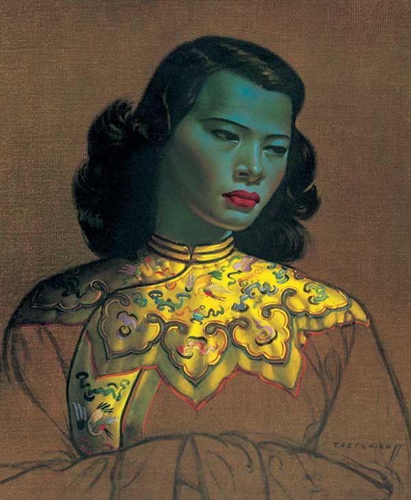 a painting of a woman in a yellow dress with flowers on her neck and shoulders