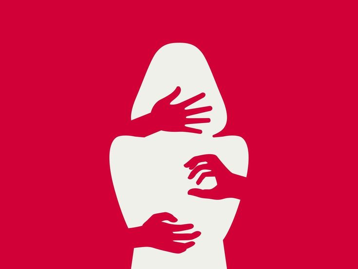 two hands reaching out to each other in front of a red and white poster with the word