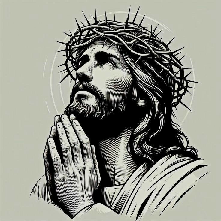 the face of jesus with his hands clasped in front of him, wearing a crown of thorns