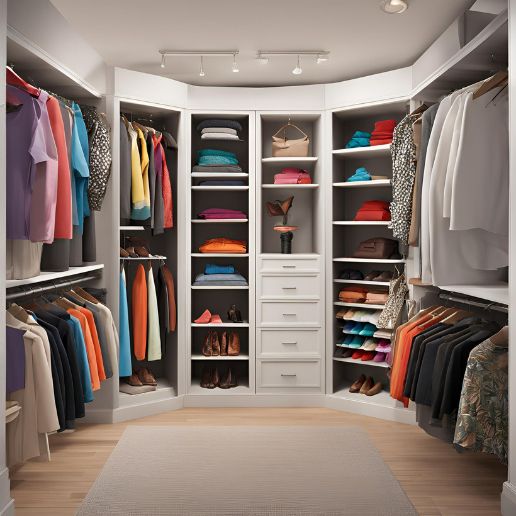 an organized closet with clothes and shoes