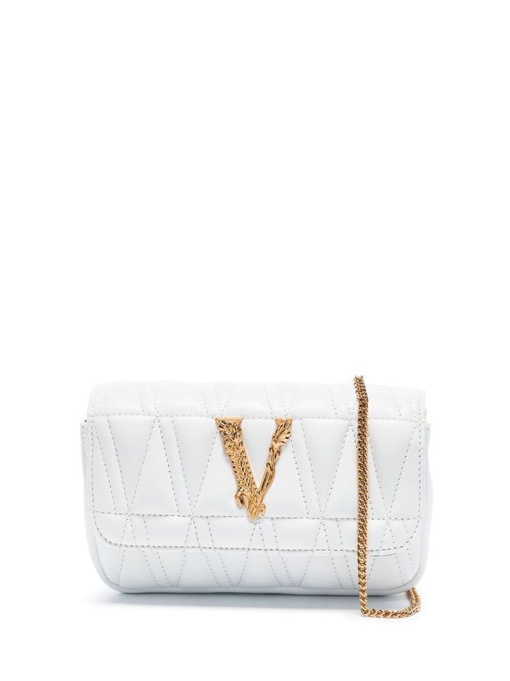 Virtus crossbody bag from VERSACE featuring white, leather, gold-tone hardware, quilted, foldover top, magnetic fastening, signature Virtus logo detailing, chain-link shoulder strap and internal slip pocket. | Versace Virtus crossbody bag New In Fashion, Shoes Prada, Miu Miu Shoes, White Bag, Prada Bag, White Leather, Miu Miu, Chain Link, Mini Bag