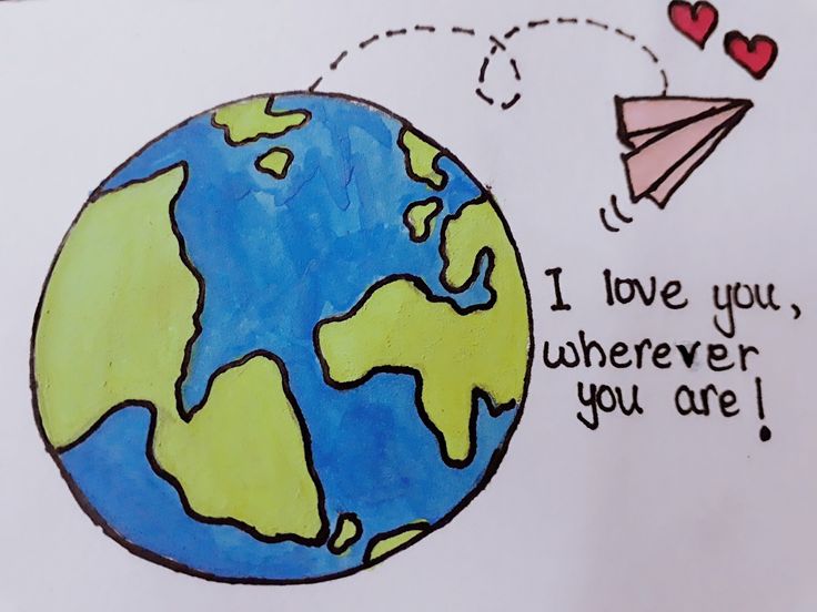 a drawing of the earth with a paper plane flying over it and i love you, wherever you are