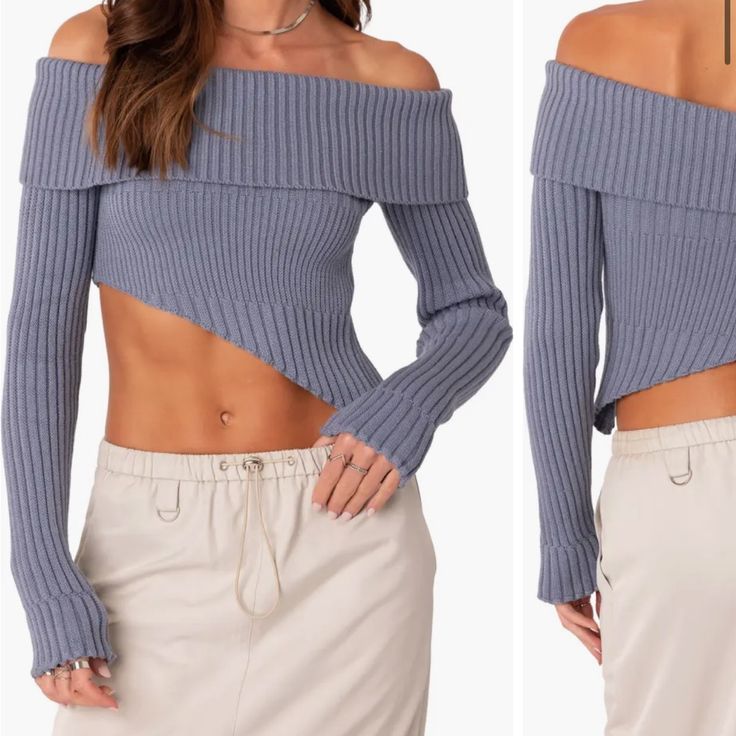 Brand New W Tags Edikted Off The Shoulder Top With An Asymmetrical Hem Quality Is Amazing! Blue Asymmetrical Hem Trendy Tops, Blue Trendy Tops With Asymmetrical Hem, Trendy Blue Tops With Asymmetrical Hem, Asymmetric Sweater, Rib Sweater, Fall Trends Outfits, Asymmetrical Sweater, Asymmetrical Tops, Outfit Inspo Fall