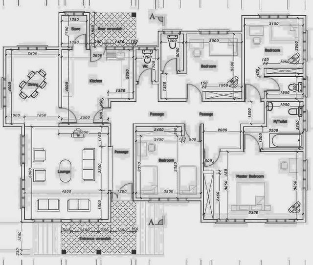 an architectural drawing shows the floor plan for a house with three rooms and two bathrooms