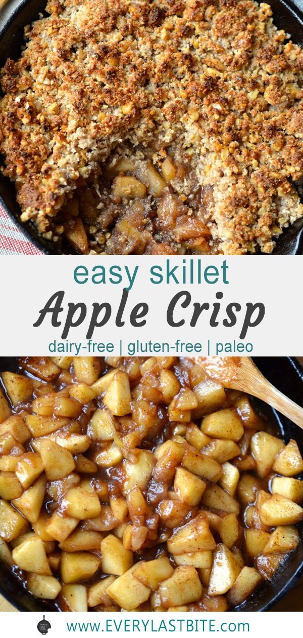 an easy skillet apple crisp recipe in a cast iron skillet with apples and cinnamon on the side