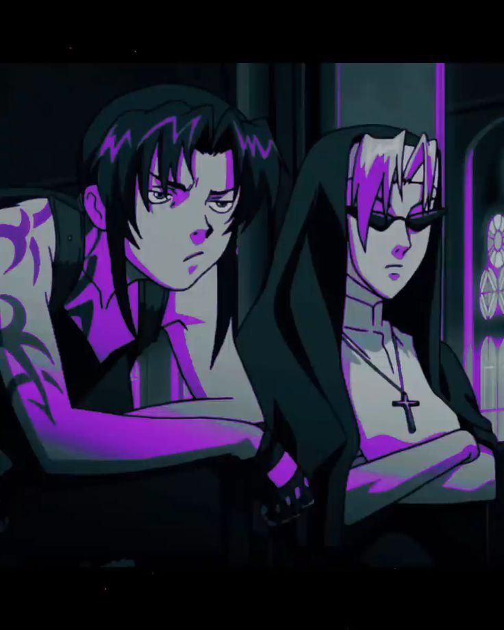 two anime characters sitting next to each other in front of a purple light, with one holding his arm around the other's shoulder