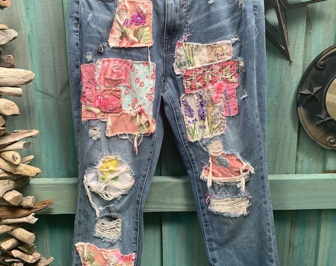 Jean jacket Made to Order hippie boho embellished colorful | Etsy Bohemian Patchwork Jeans For Fall, Bohemian Medium Wash Jeans For Fall, Spring Jeans With Patches In Medium Wash, Medium Wash Jeans With Patches For Spring, Spring Medium Wash Jeans With Patches, Bohemian Cotton Jeans With Pockets, Bohemian Denim Jeans For Fall, Bohemian Medium Wash Jeans For Spring, Spring Bohemian Jeans