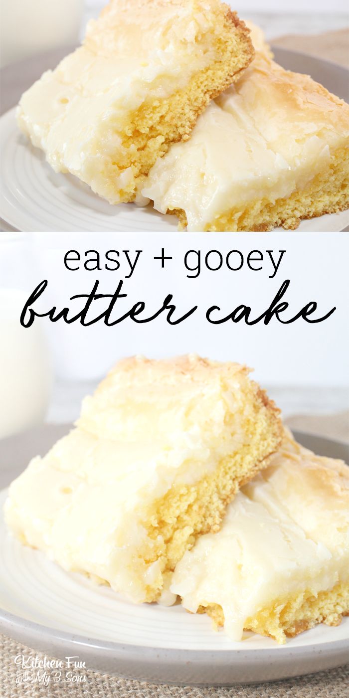 two pictures of a piece of cake on a plate with the words easy and gooey butter cake