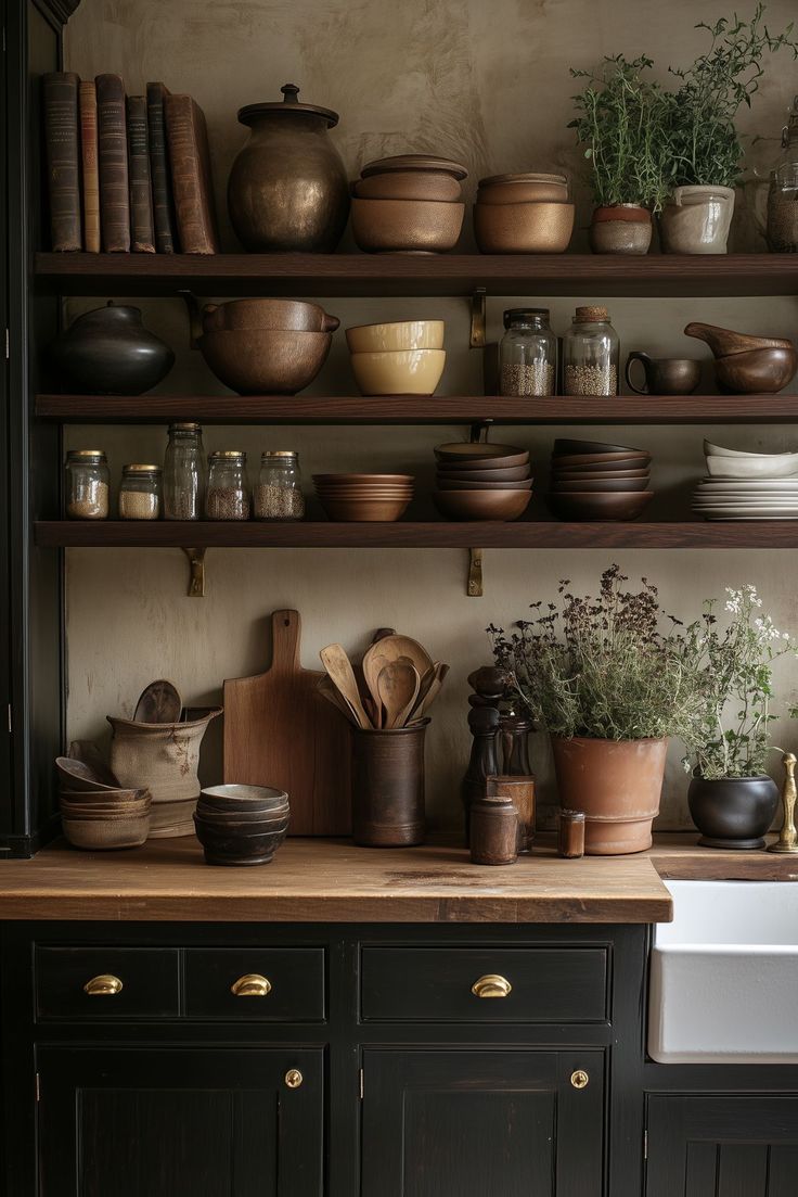 pots and pans are sitting on the shelves above the sink in this rustic kitchen