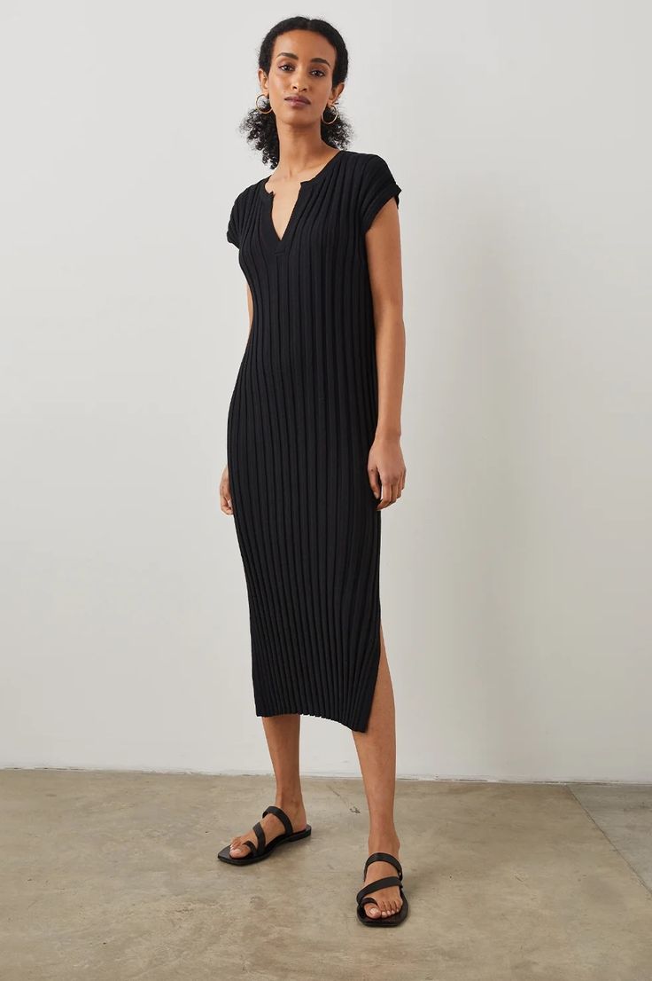 Rails black knit midi dress Chic Knit Midi Dress For Party, Knit Midi Sweater Dress For Party, Knit Bodycon Dress For Date Night, Party Knit Midi Sweater Dress, Summer Workwear Ribbed Midi Dress, Knit Midi Dress For Summer Evenings, Summer Ribbed Midi Dress For Work, Black Fitted Longline Dress, Chic Ribbed Midi Dress For Party