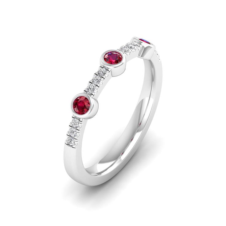 This exquisite diamond and ruby ring is a stunning piece of jewelry that exudes elegance and sophistication. The brilliant diamonds and vibrant rubies are set in a beautifully crafted, creating a luxurious and eye-catching design that is sure to make a statement. Metal: 14K Gold Setting Type: Prong Rhodium Finish: Yes, on White Gold Gemstone Details: Gemstone: Ruby Shape: Round Average Dimensions: 2.50 MM Quantity: 03 Average Cut: Very Good Average Color: Medium to Dark Red Average Clarity: Eye Dazzling Red Diamond Ring With Diamond Accents, Dazzling Red Diamond Ring With Accents, Red Diamond Ring With Accents, Red Ruby Diamond Multi-stone Ring, Red Ruby Multi-stone Ring With Diamonds, Red Ruby Ring With Single Cut Diamonds, Diamond White Ruby Ring With Diamond Accents, Formal Ruby Ring With Diamond Bezel Setting, Red Diamond Brilliant Cut Birthstone Ring