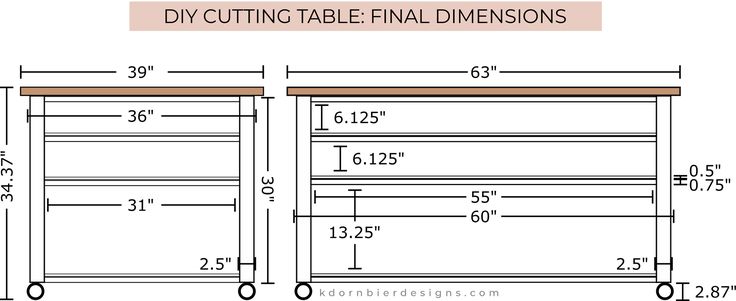 the measurements for a diy cutting table with drawers and shelves on each side is shown