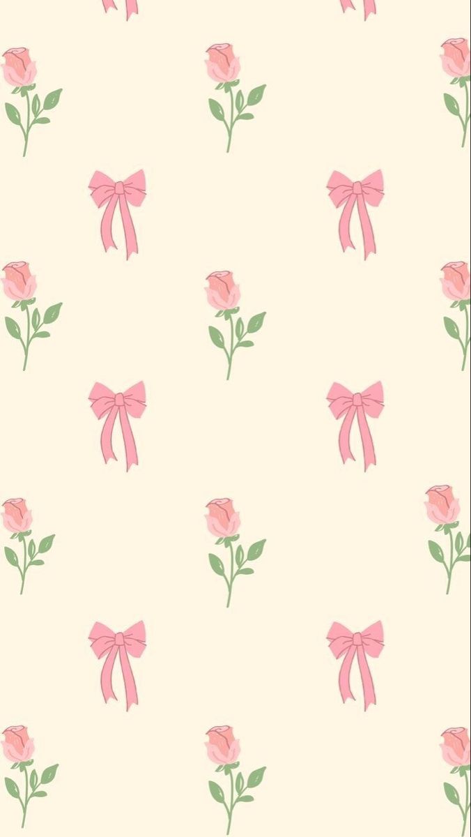 pink roses with green leaves and bows on a white background for wallpaper or fabric