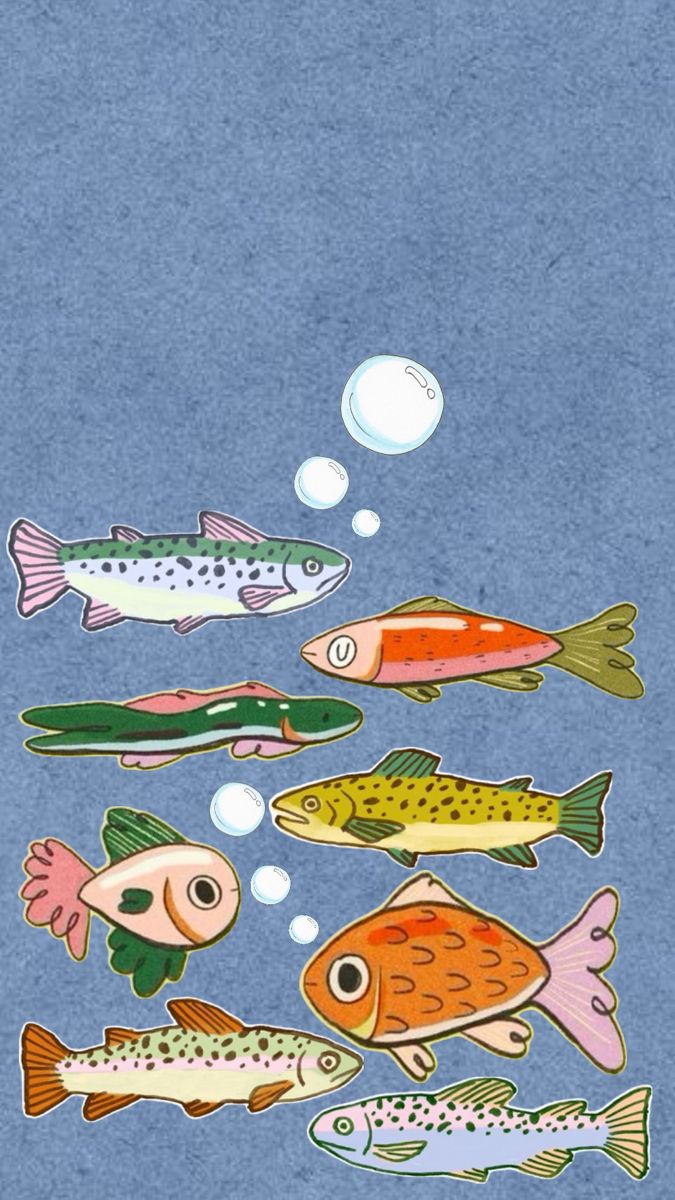 fish swimming in the water with bubbles coming out of their mouths, and an empty thought bubble above them