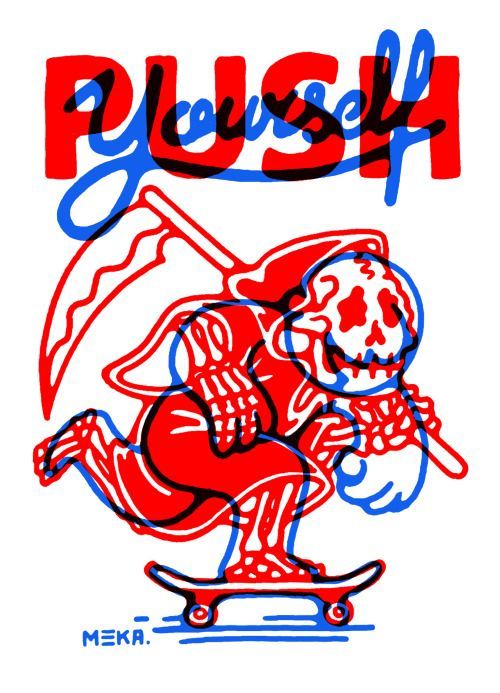 a drawing of a skeleton riding a skateboard with the word plush on it