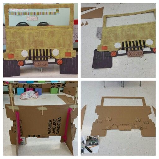 four different pictures of the same vehicle made out of cardboard and cut into smaller pieces