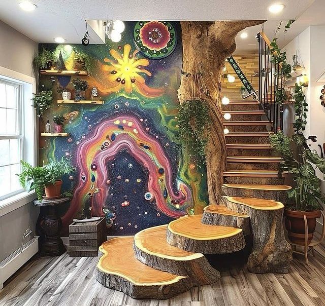 this is an image of a living room with stairs and painted mural on the wall