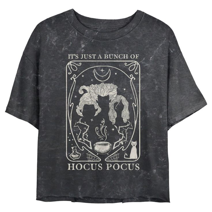 If you're looking for a little hocus pocus this Halloween, then look no further than this officially licensed Disney Hocus Pocus Witch Tarot Card Juniors' Graphic Mineral Wash Crop T-Shirt. You can light the Black Flame candle to awaken the Sanderson witches this Halloween, or you could just celebrate the holiday with this festive Hocus Pocus style instead! A sleek cartoon shows off Binx the cat and the Sanderson sisters like Mary, Winifred, and Sarah in a fun tarot card style that reads "It's J Sanderson Sisters Silhouette, Sisters Silhouette, Witch Tarot Card, Hermanas Sanderson, Witches Tarot Cards, Hocus Pocus Sanderson Sisters, Hocus Pocus Tshirt, Stranger Things Merch, Hocus Pocus Witches