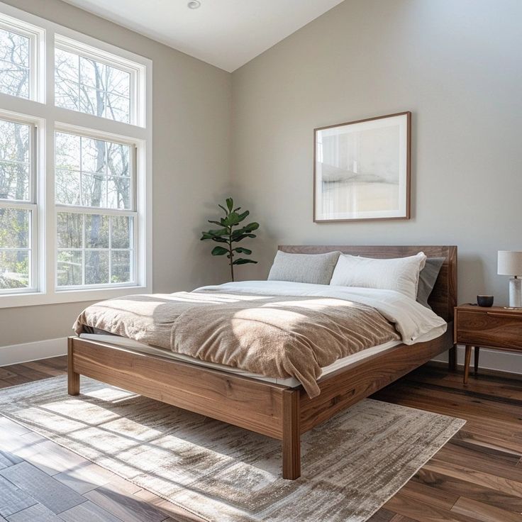 a bed sitting in the middle of a bedroom next to two windows and a rug