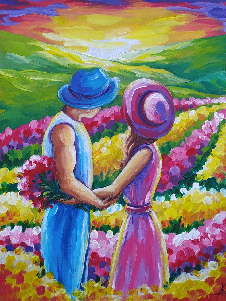 a painting of two people standing in a flower field with the sun setting behind them