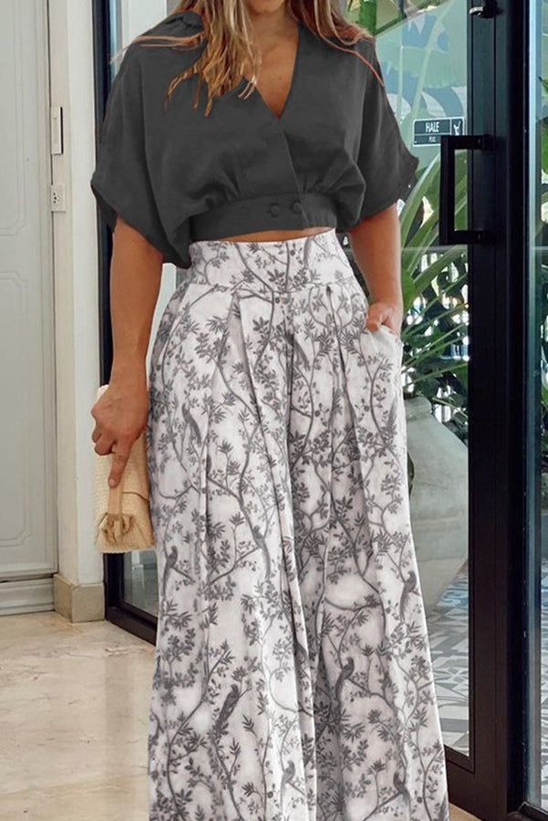 Costume Noir, Cropped Wide Leg Pants, Printed Wide Leg Pants, Pantalon Large, Neck Crop Top, Short Shirts, Kurti Designs, Primavera Estate, Two Piece Sets