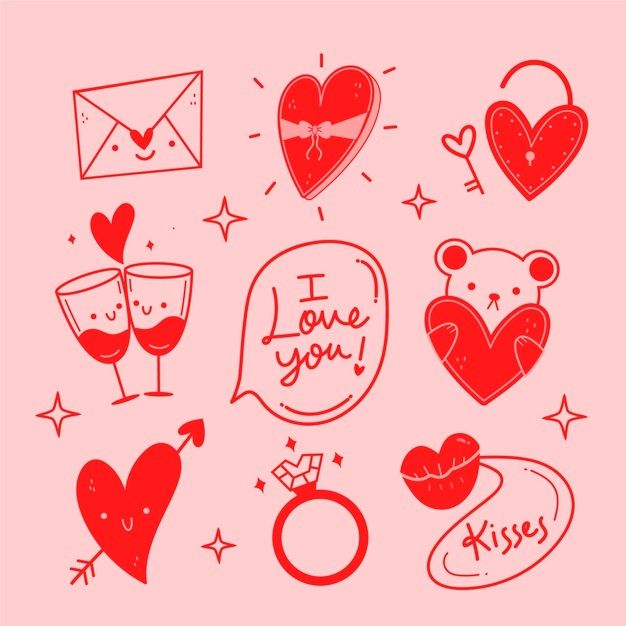 valentine's day stickers on pink paper with hearts, glasses and envelopes