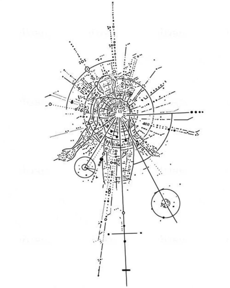 a drawing of a city map with lines and dots in the shape of a circle