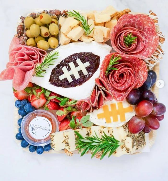 a platter filled with meats, cheeses, fruit and other food items