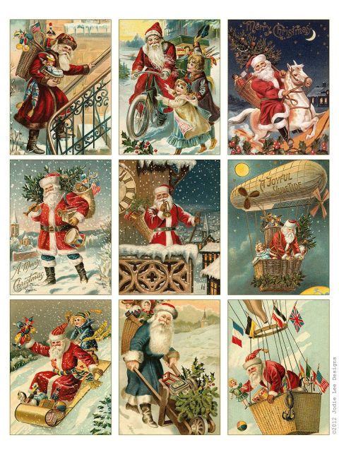 the santa clause is riding on his sleigh and reindeers in different scenes