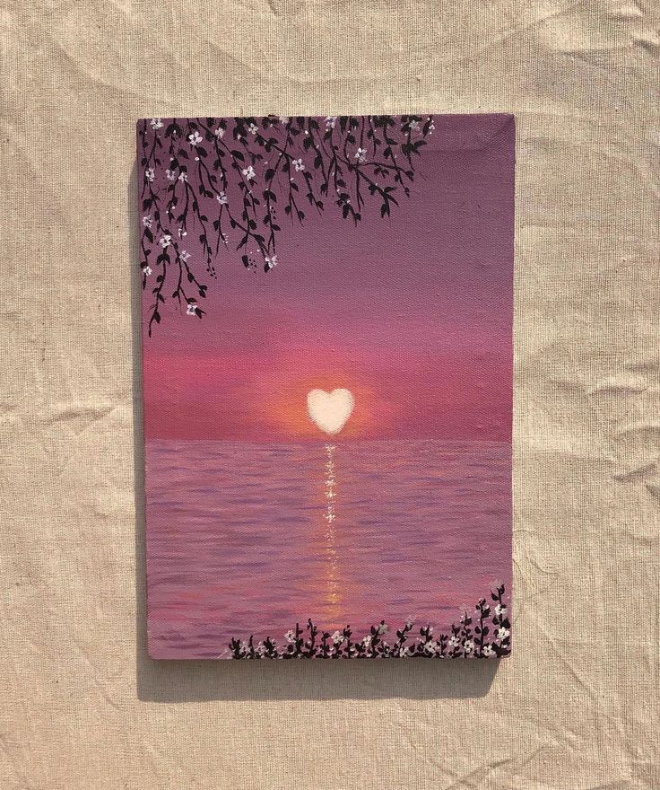 a painting of a sunset over the ocean with a heart in the sky above it