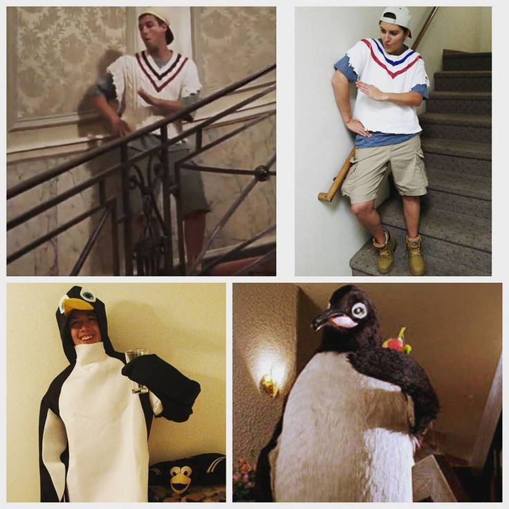 four pictures of people dressed as penguins, one in a penguin costume and the other in a penguin suit