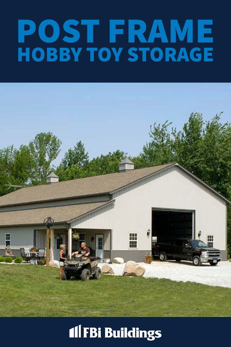 a large white garage with two people in it and the words post frame hobby to storage