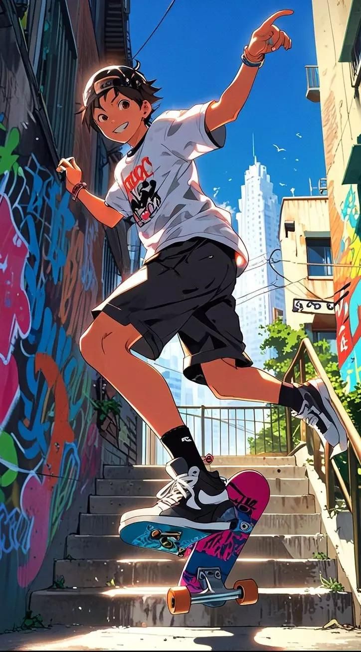 a young man riding a skateboard down the side of a flight of stairs in front of graffiti covered walls