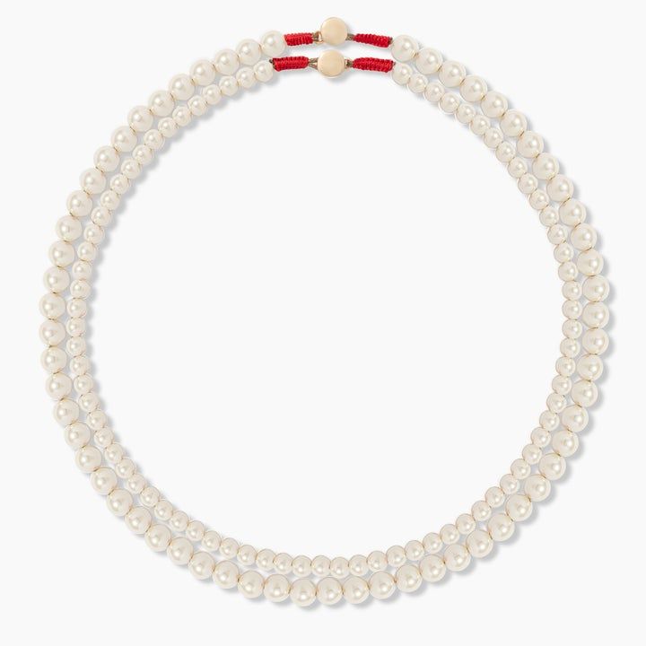 Princess Pearls Necklaces – Roxanne Assoulin Classic Long Pearl White Necklace, Elegant Pearl Chain Beaded Necklace, Elegant Round Pearl Chain Beaded Necklace, White Double Strand Pearl Necklaces, Akoya Pearl Charm Necklace With Round Beads, Elegant Double Strand Adjustable Necklace, Elegant Double Strand Adjustable Necklaces, Elegant Multi-strand Mother Of Pearl Jewelry, Double Strand Akoya Pearl Necklace