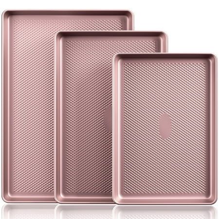 Just one set can easily satisfy your daily baking needs and help you take your baking to the next level. Size: 17.52" x 11.81" x 1.38".  Color: Pink. Pink Kitchen Appliances, Diamond Texture, Cookie Sheets, Wilton Cakes, Cookie Tray, Baking Set, Pink Kitchen, Pan Set, Jelly Roll