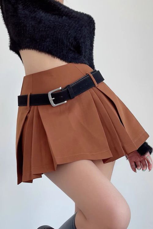 Pleated Skirt High Waisted Short Skirt Casual Fitted Skort With Belt, Casual Mini Skirt Skort With Belt, Casual Mini Skort With Belt, Casual High-waist Skirt With Belt, Casual High Waist Mini Skirt With Belt, Casual High Waist Skirt With Belt, Casual Spring Skort With Belt, Casual Belted Skirt For Fall, Casual Fall Skirt With Belt