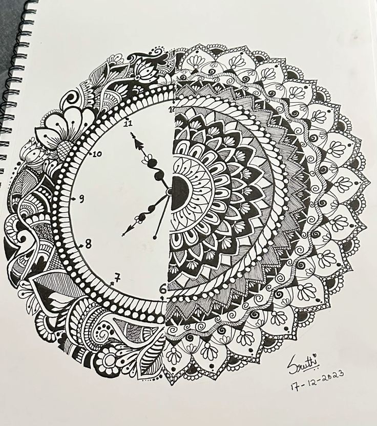 a drawing of a clock with intricate designs on it